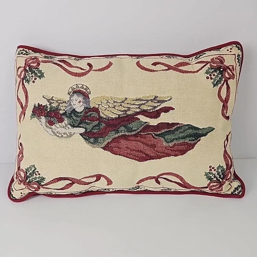Vtg Riverdale Angel Tapestry Throw Pillow Christmas Holiday Made in USA 16x11